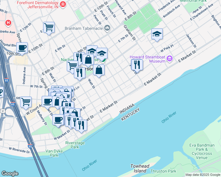 map of restaurants, bars, coffee shops, grocery stores, and more near 607 East Chestnut Street in Jeffersonville
