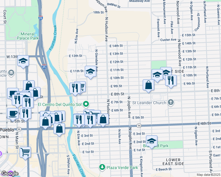 map of restaurants, bars, coffee shops, grocery stores, and more near 904 East 9th Street in Pueblo