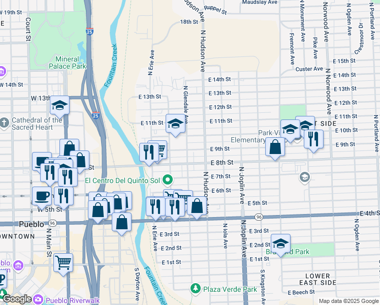 map of restaurants, bars, coffee shops, grocery stores, and more near 824 North Glendale Avenue in Pueblo