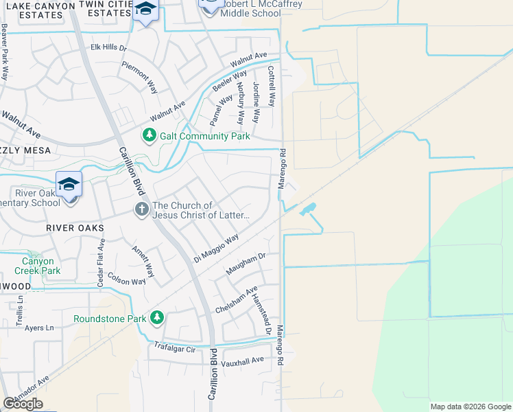 map of restaurants, bars, coffee shops, grocery stores, and more near 1082 Gehrig Court in Galt