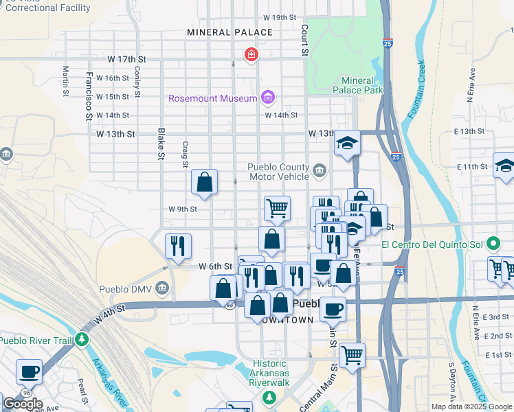 map of restaurants, bars, coffee shops, grocery stores, and more near 903 North Greenwood Street in Pueblo