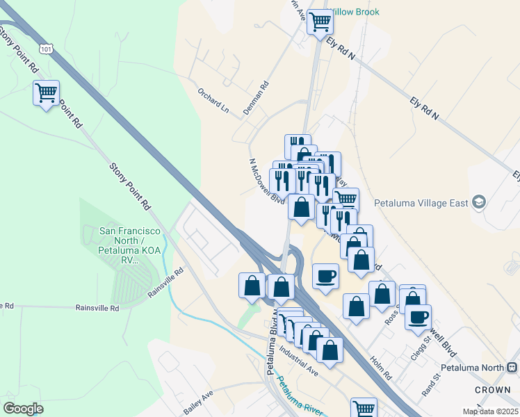 map of restaurants, bars, coffee shops, grocery stores, and more near 1415 North McDowell Boulevard in Petaluma