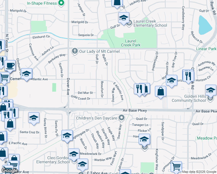 map of restaurants, bars, coffee shops, grocery stores, and more near 2462 Baltic Drive in Fairfield