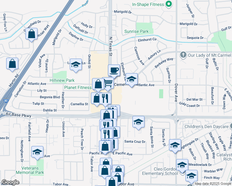 map of restaurants, bars, coffee shops, grocery stores, and more near 2570 N Texas St in Fairfield
