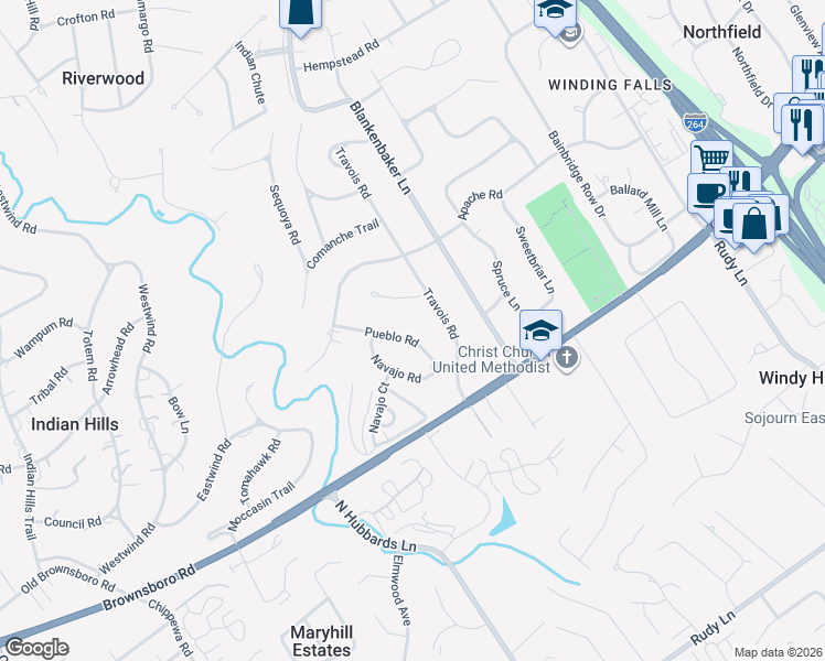 map of restaurants, bars, coffee shops, grocery stores, and more near 5407 Pueblo Road in Louisville