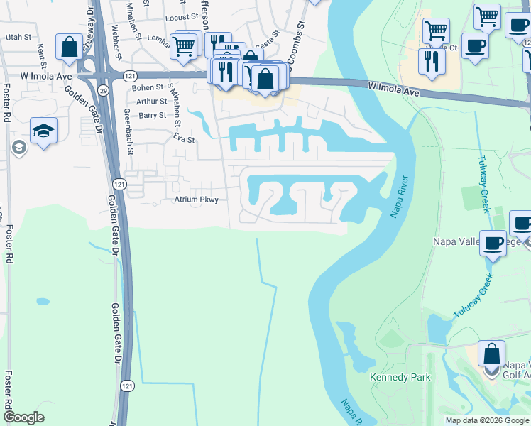 map of restaurants, bars, coffee shops, grocery stores, and more near 6 Peninsula Court in Napa