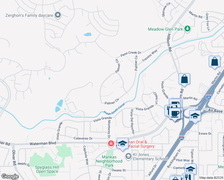 map of restaurants, bars, coffee shops, grocery stores, and more near 2806 Watson Court in Fairfield