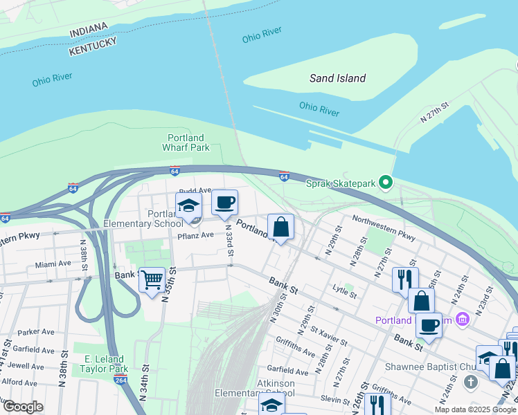 map of restaurants, bars, coffee shops, grocery stores, and more near 3137 Northwestern Parkway in Louisville