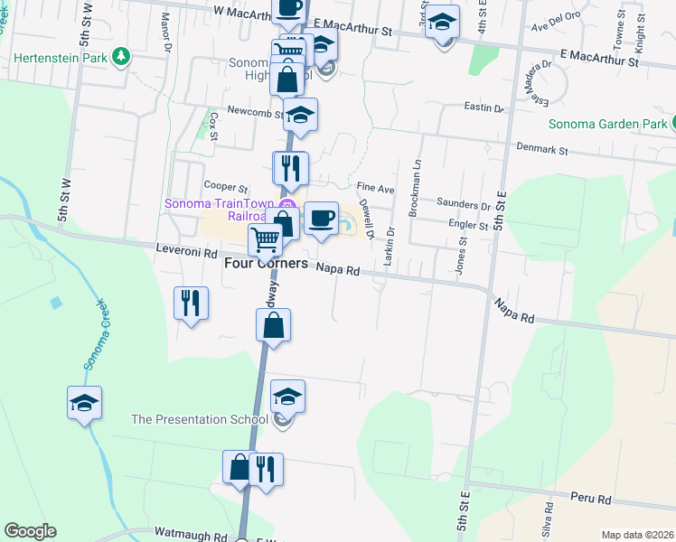 map of restaurants, bars, coffee shops, grocery stores, and more near 203 Napa Road in Sonoma