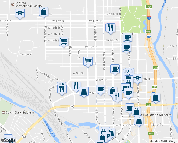 map of restaurants, bars, coffee shops, grocery stores, and more near 631 West 9th Street in Pueblo