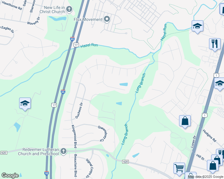 map of restaurants, bars, coffee shops, grocery stores, and more near 11614 New Bond Street in Fredericksburg