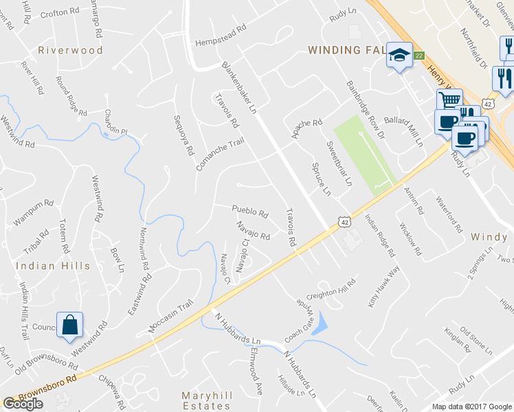 map of restaurants, bars, coffee shops, grocery stores, and more near 5407 Pueblo Road in Louisville