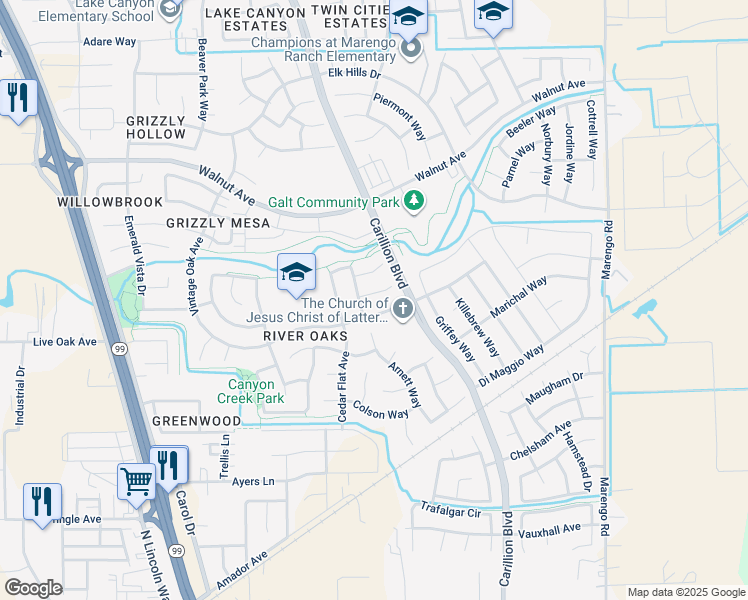 map of restaurants, bars, coffee shops, grocery stores, and more near 960 Hansard Court in Galt