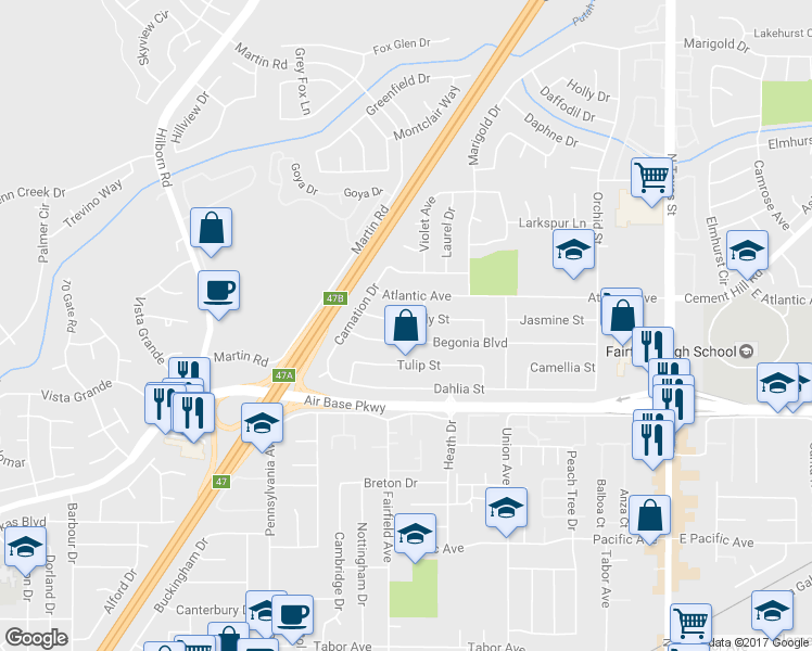 map of restaurants, bars, coffee shops, grocery stores, and more near 411 Lily Street in Fairfield