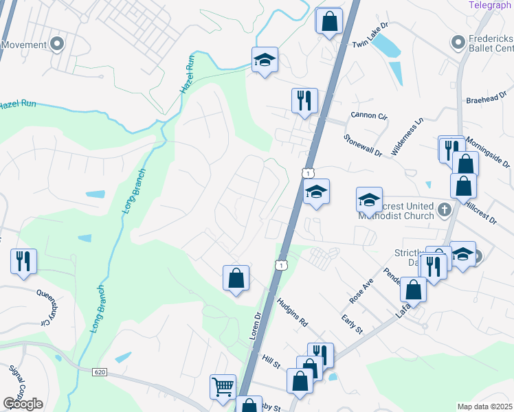 map of restaurants, bars, coffee shops, grocery stores, and more near 1322 Hudgins Farm Circle in Fredericksburg