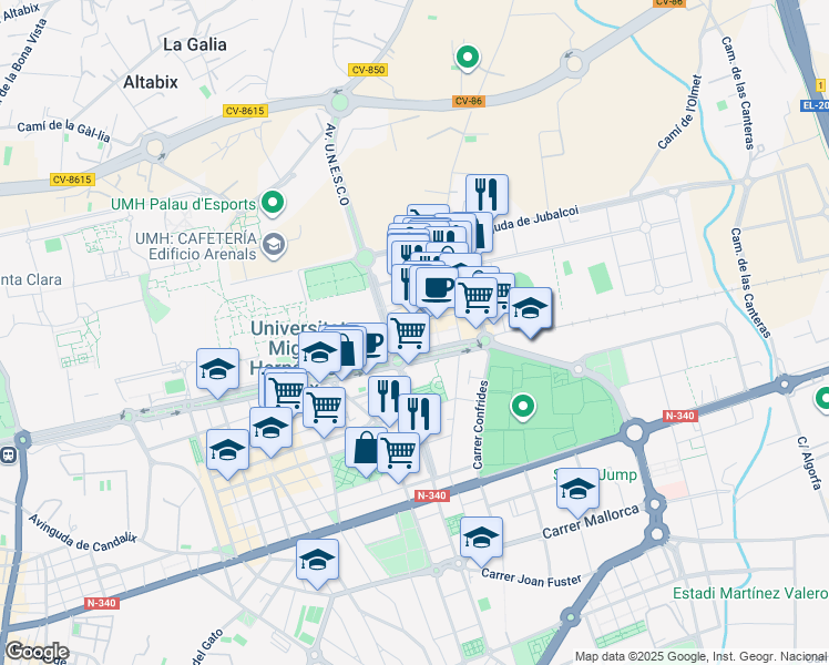 map of restaurants, bars, coffee shops, grocery stores, and more near 3 Carrer la Carátula in Elx