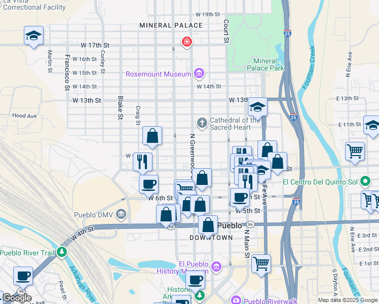map of restaurants, bars, coffee shops, grocery stores, and more near 419 West 9th Street in Pueblo