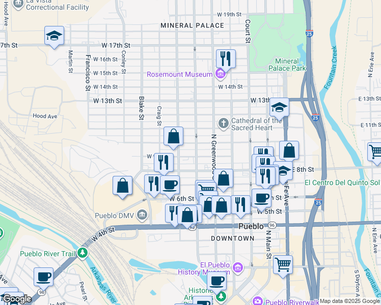 map of restaurants, bars, coffee shops, grocery stores, and more near 908 North Elizabeth Street in Pueblo