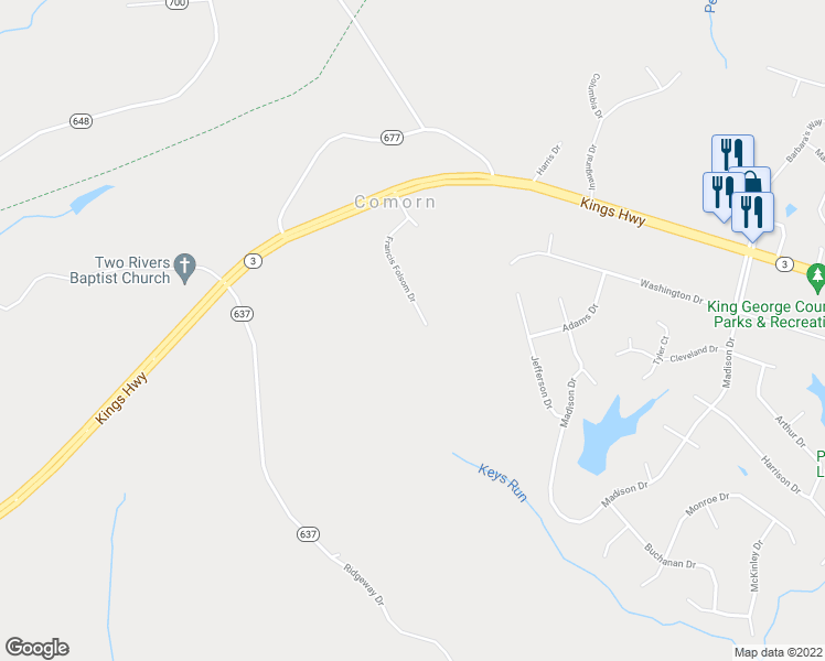 map of restaurants, bars, coffee shops, grocery stores, and more near 10120 Francis Folsom Drive in King George