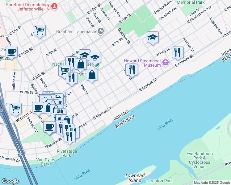 map of restaurants, bars, coffee shops, grocery stores, and more near 704 East Chestnut Street in Jeffersonville