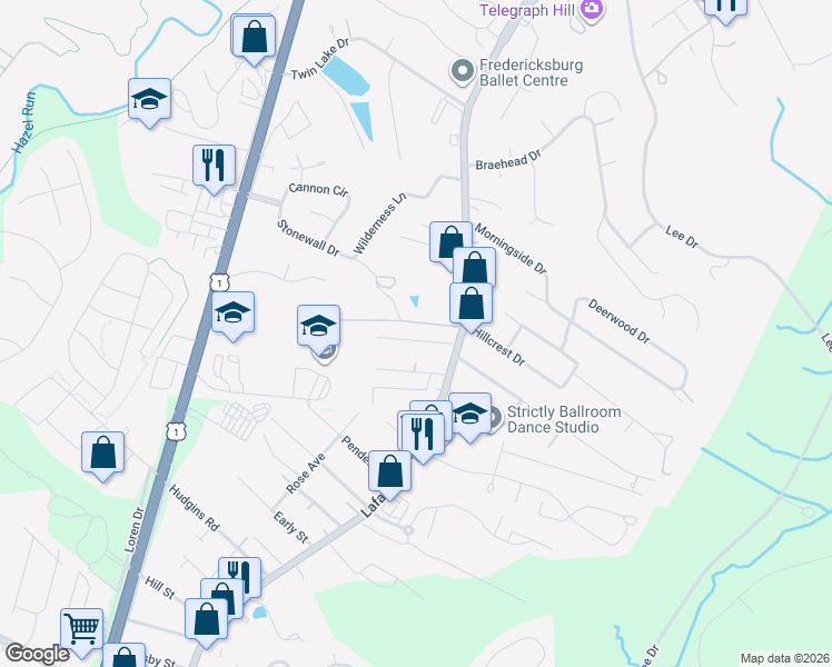 map of restaurants, bars, coffee shops, grocery stores, and more near 109 Ashby Street in Fredericksburg
