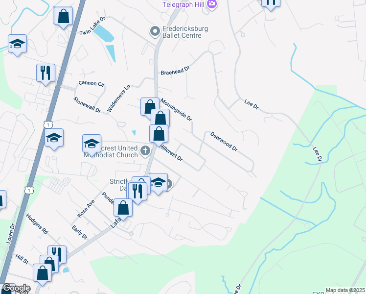 map of restaurants, bars, coffee shops, grocery stores, and more near 116 Ridgeway Street in Fredericksburg