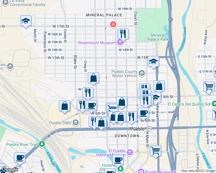 map of restaurants, bars, coffee shops, grocery stores, and more near 908 North Elizabeth Street in Pueblo