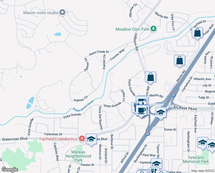 map of restaurants, bars, coffee shops, grocery stores, and more near 2475 10 Gate Road in Fairfield
