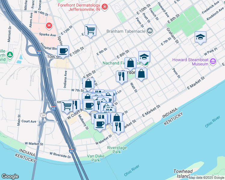 map of restaurants, bars, coffee shops, grocery stores, and more near in Clarksville