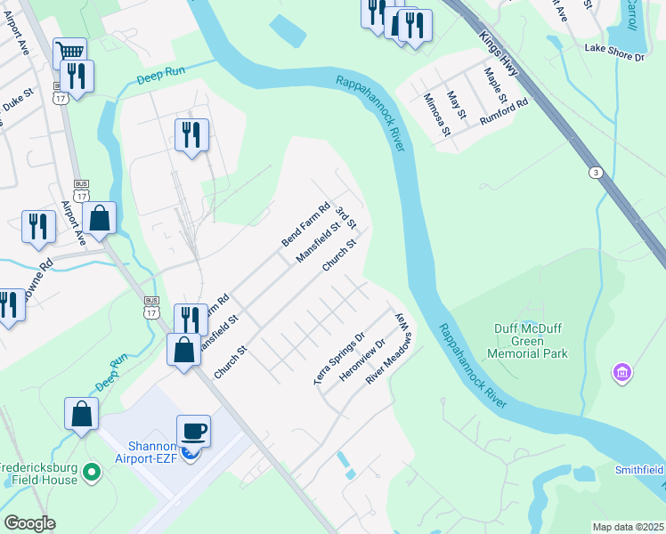 map of restaurants, bars, coffee shops, grocery stores, and more near 211 Church Street in Fredericksburg