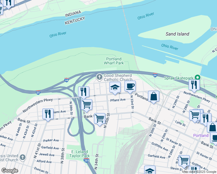 map of restaurants, bars, coffee shops, grocery stores, and more near 717 Cedar Grove Terrace in Louisville