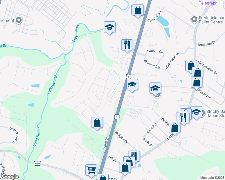 map of restaurants, bars, coffee shops, grocery stores, and more near 1400 Teagan Drive in Fredericksburg