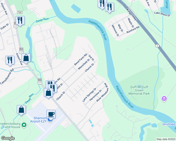 map of restaurants, bars, coffee shops, grocery stores, and more near 211 Church Street in Fredericksburg