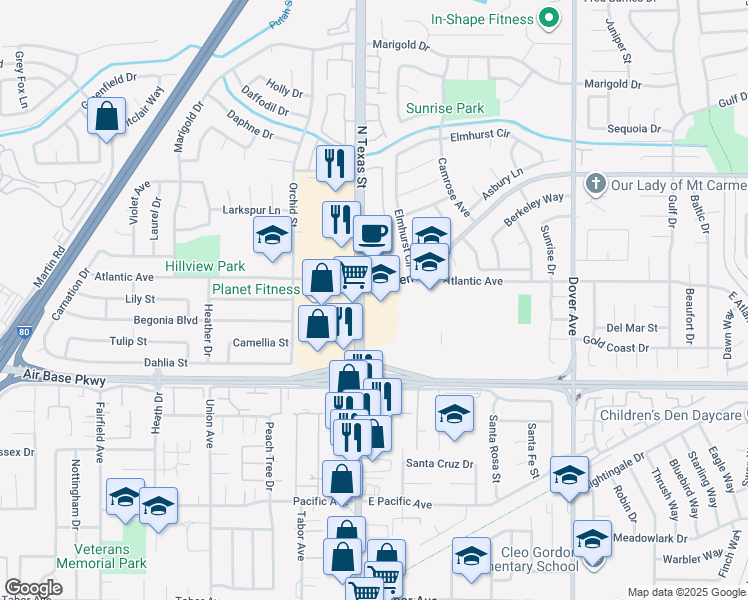 map of restaurants, bars, coffee shops, grocery stores, and more near 2570 North Texas Street in Fairfield