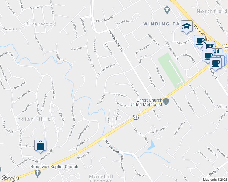 map of restaurants, bars, coffee shops, grocery stores, and more near 5305 Pueblo Road in Louisville