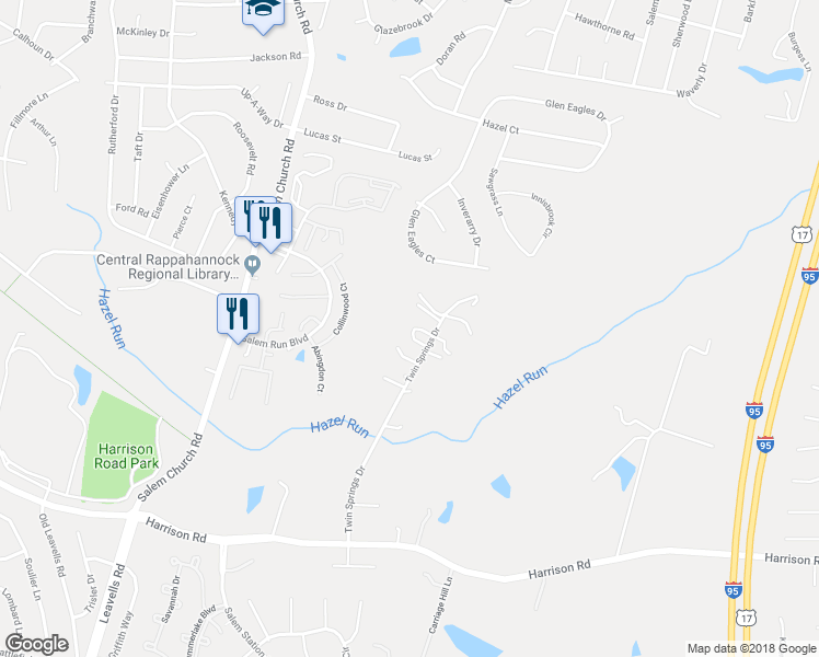 map of restaurants, bars, coffee shops, grocery stores, and more near 8 Twin Springs Drive in Fredericksburg
