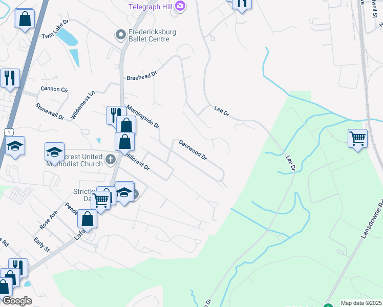 map of restaurants, bars, coffee shops, grocery stores, and more near 414 Deerwood Drive in Fredericksburg