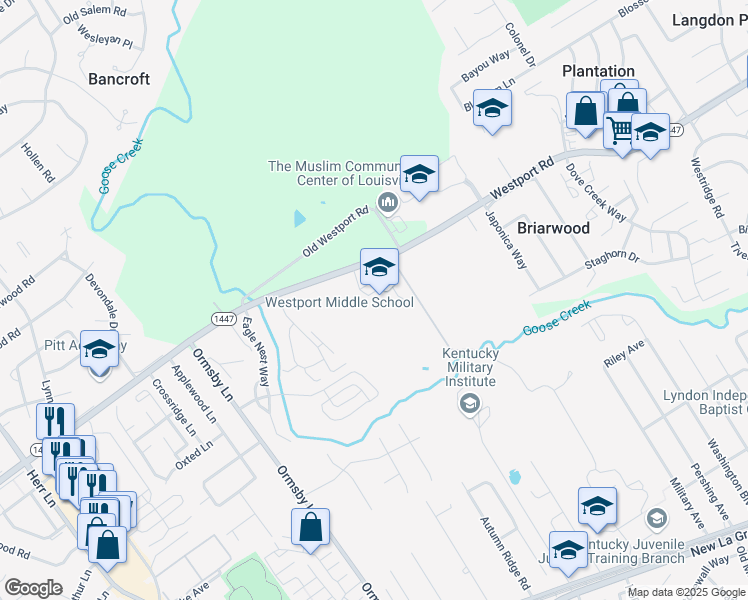 map of restaurants, bars, coffee shops, grocery stores, and more near 8100 Westport Road in Louisville
