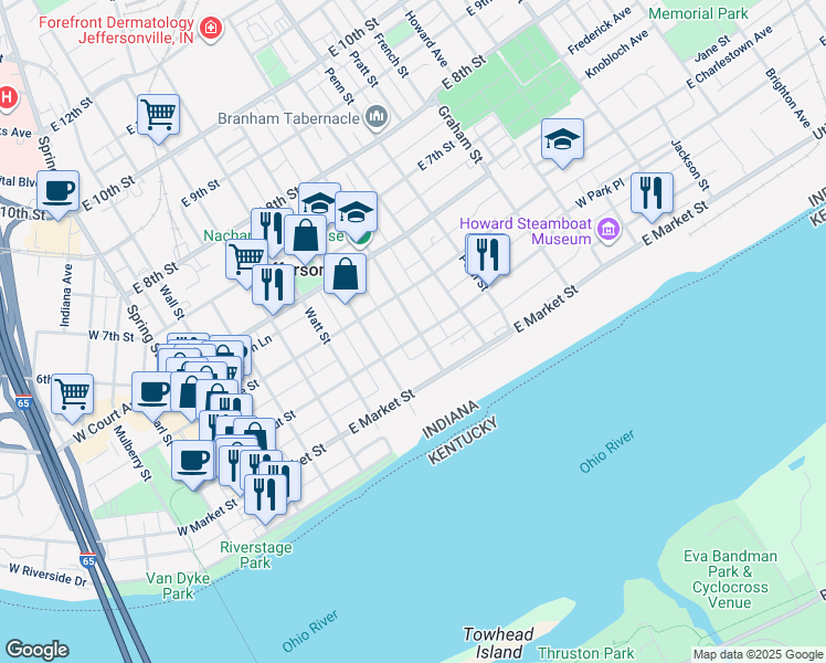 map of restaurants, bars, coffee shops, grocery stores, and more near 704 East Chestnut Street in Jeffersonville