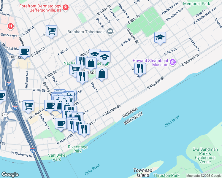 map of restaurants, bars, coffee shops, grocery stores, and more near 607 East Chestnut Street in Jeffersonville