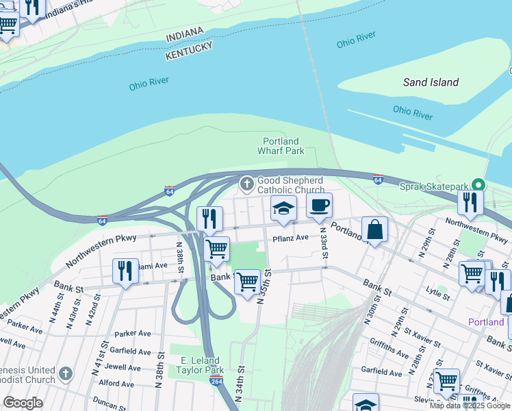 map of restaurants, bars, coffee shops, grocery stores, and more near 717 Cedar Grove Terrace in Louisville