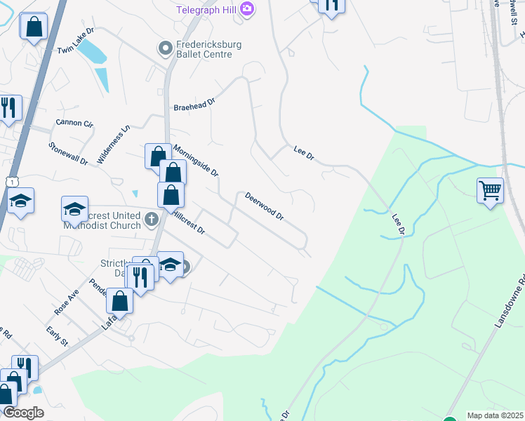 map of restaurants, bars, coffee shops, grocery stores, and more near 414 Deerwood Drive in Fredericksburg
