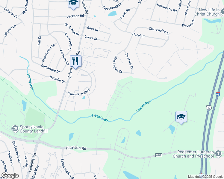 map of restaurants, bars, coffee shops, grocery stores, and more near 8 Twin Springs Drive in Fredericksburg