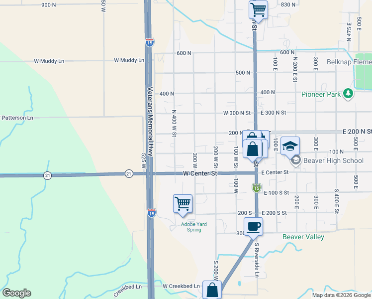 map of restaurants, bars, coffee shops, grocery stores, and more near 340 West 100 North Street in Beaver