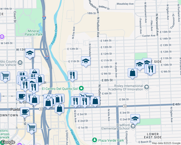 map of restaurants, bars, coffee shops, grocery stores, and more near 925 North Glendale Avenue in Pueblo