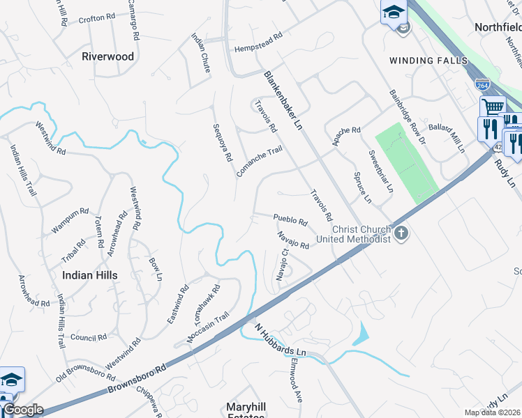map of restaurants, bars, coffee shops, grocery stores, and more near 5305 Pueblo Road in Louisville