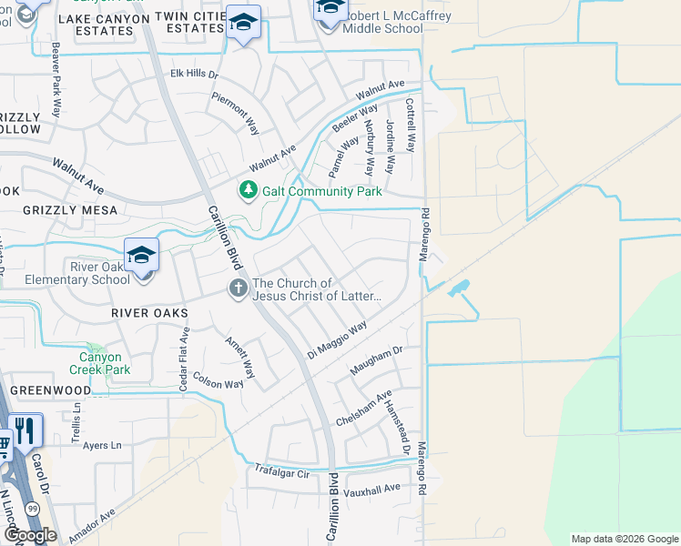 map of restaurants, bars, coffee shops, grocery stores, and more near 753 Whitaker Way in Galt