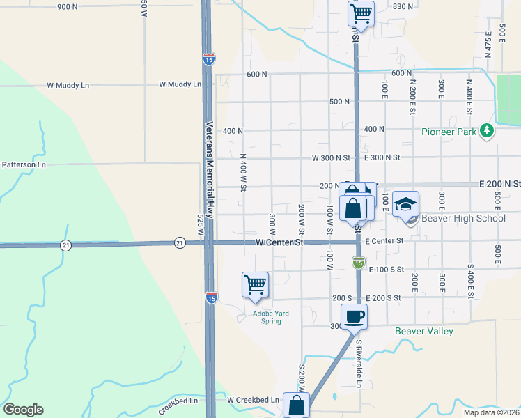 map of restaurants, bars, coffee shops, grocery stores, and more near 340 West 100 North Street in Beaver
