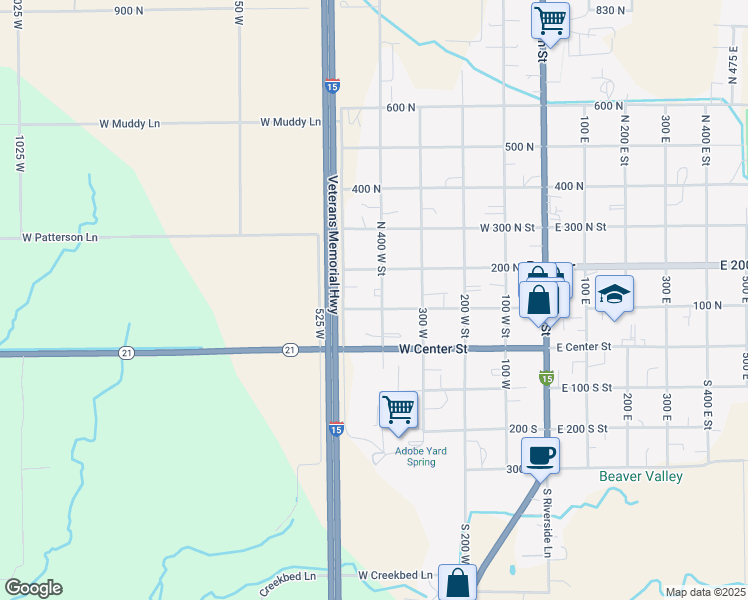 map of restaurants, bars, coffee shops, grocery stores, and more near 115 North 400 West Street in Beaver