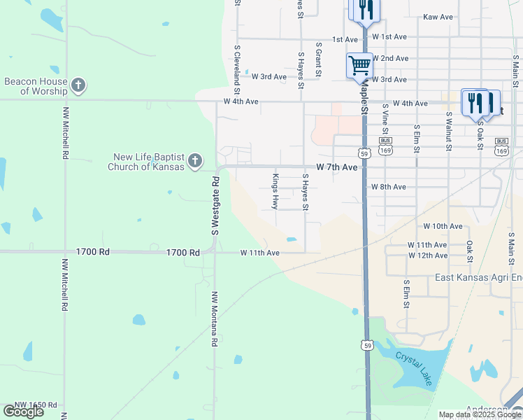 map of restaurants, bars, coffee shops, grocery stores, and more near 898 West 9th Avenue in Garnett